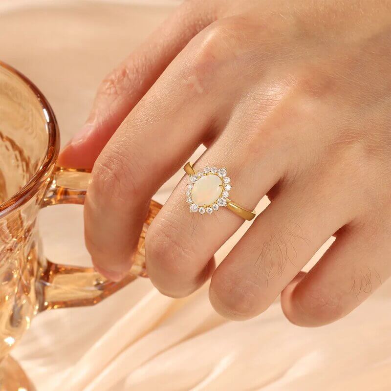 Oval Opal Engagement Ring with Moissanite 14/18k Yellow Gold