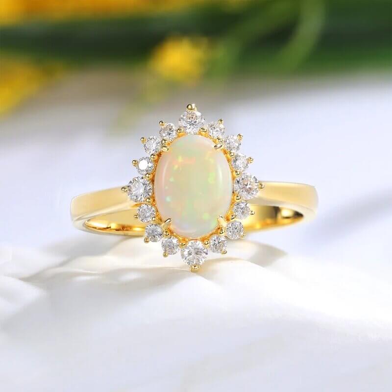 Oval Opal Engagement Ring with Moissanite 14/18k Yellow Gold