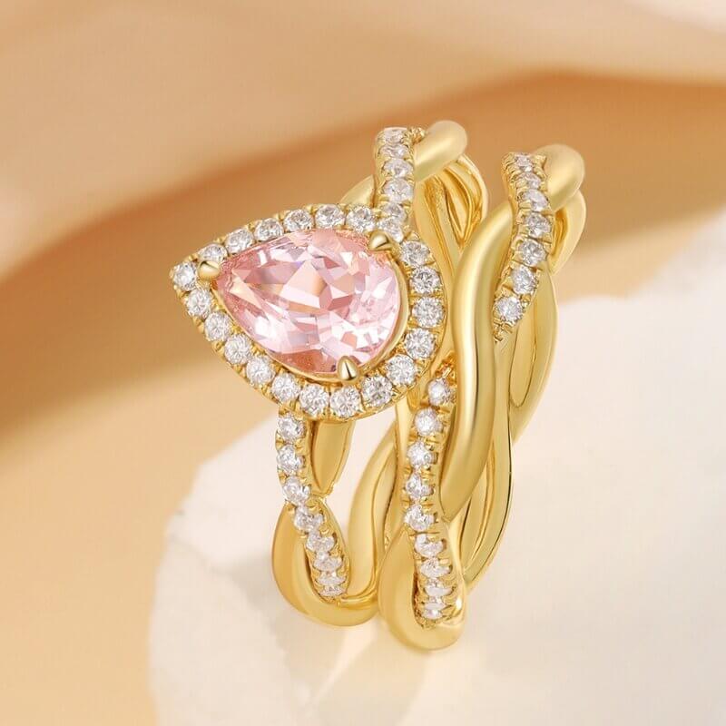 Pear Shaped Morganite Engagement Ring Set with Moissanite 18k Yellow Gold