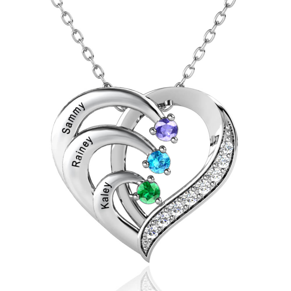 Heart Shaped Personalised 3 Birthstone Necklace with Engraved 3 Names