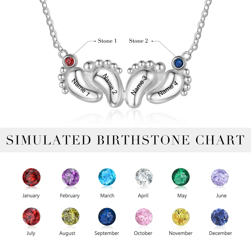 Baby Feet Mum Necklace, Mum Necklace with Names and Birthstones, Personalised Jewellery for Mums