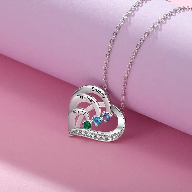 Heart Shaped Personalised 3 Birthstone Necklace with Engraved 3 Names