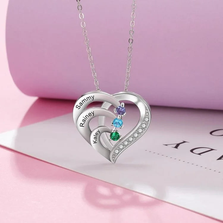 Heart Shaped Personalised 3 Birthstone Necklace with Engraved 3 Names