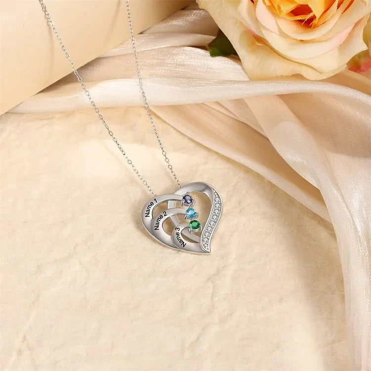 Heart Shaped Personalised 3 Birthstone Necklace with Engraved 3 Names