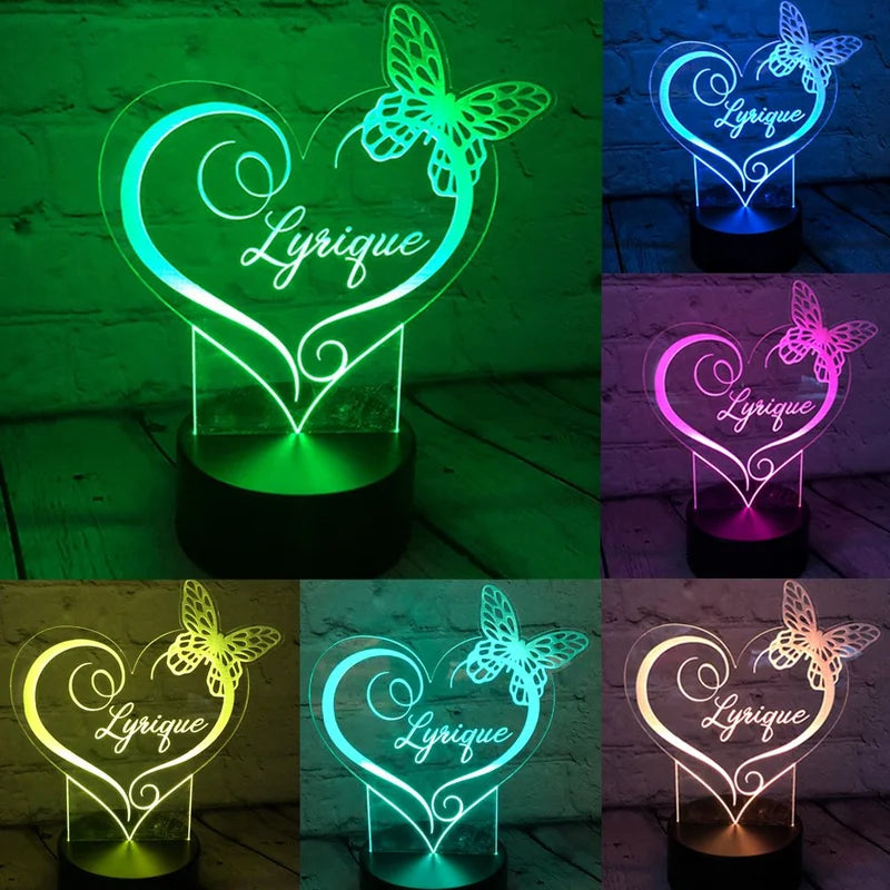 Personalised Butterfly Heart Night Light 7 Colours - Custom Acrylic LED Name Night Lamp - Christmas, Valentine's, Anniversary, Birthday, Mother's Day Gift