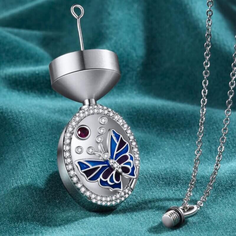 Personalised Ashes Necklace - Oval Butterfly Locket with Engraving and Birthstone