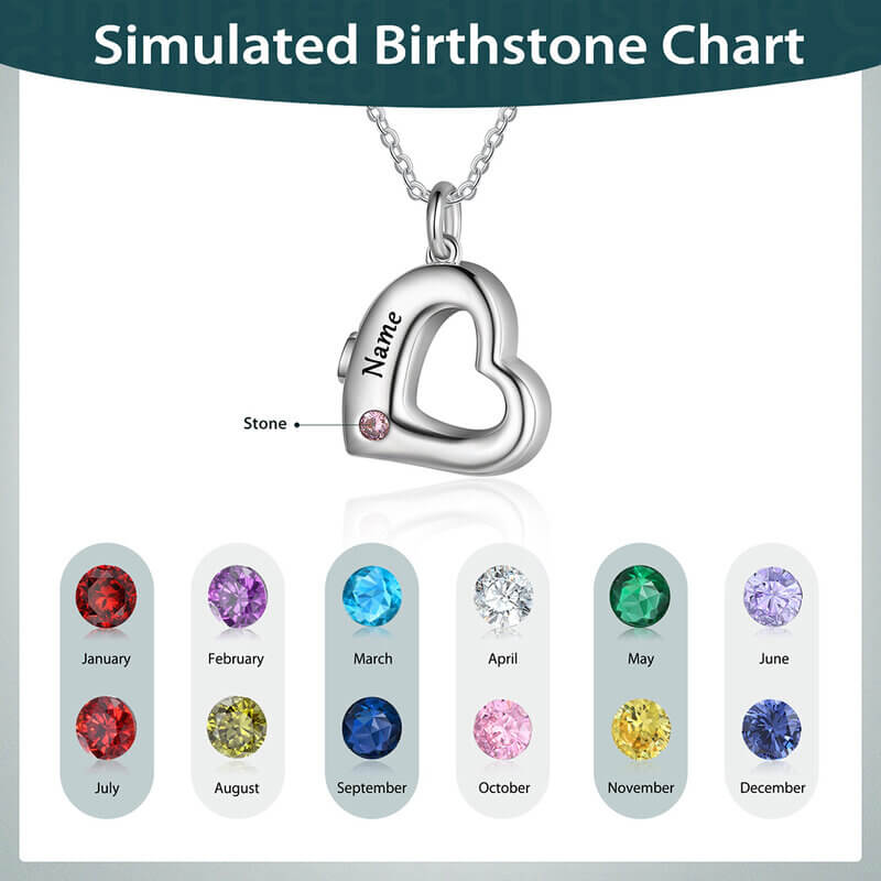 Personalised Engraved Heart Shaped Ashes Necklace with Birthstone