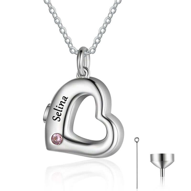 Personalised Engraved Heart Shaped Ashes Necklace with Birthstone