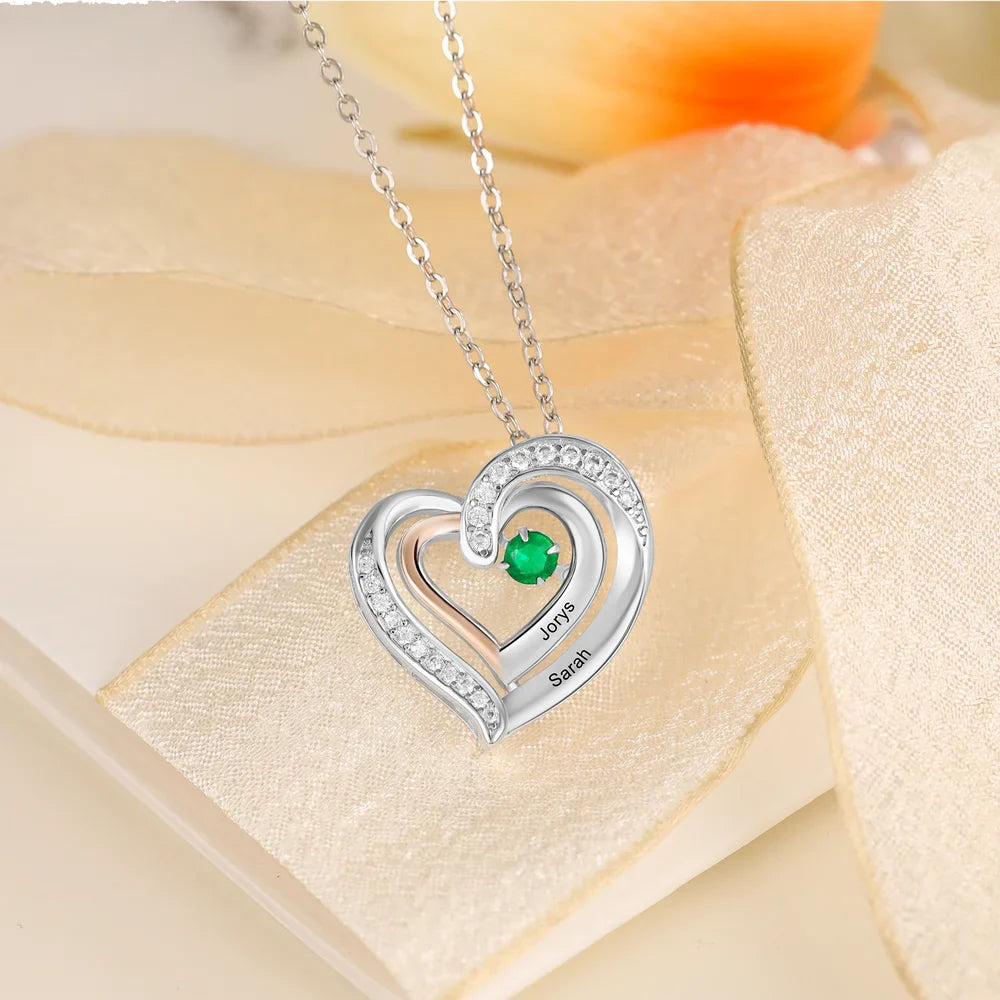 Personalised Heart Necklace for Mum, Birthstone Personalised Necklace for Mum, Engraved Names Personalised Jewellery for Mums