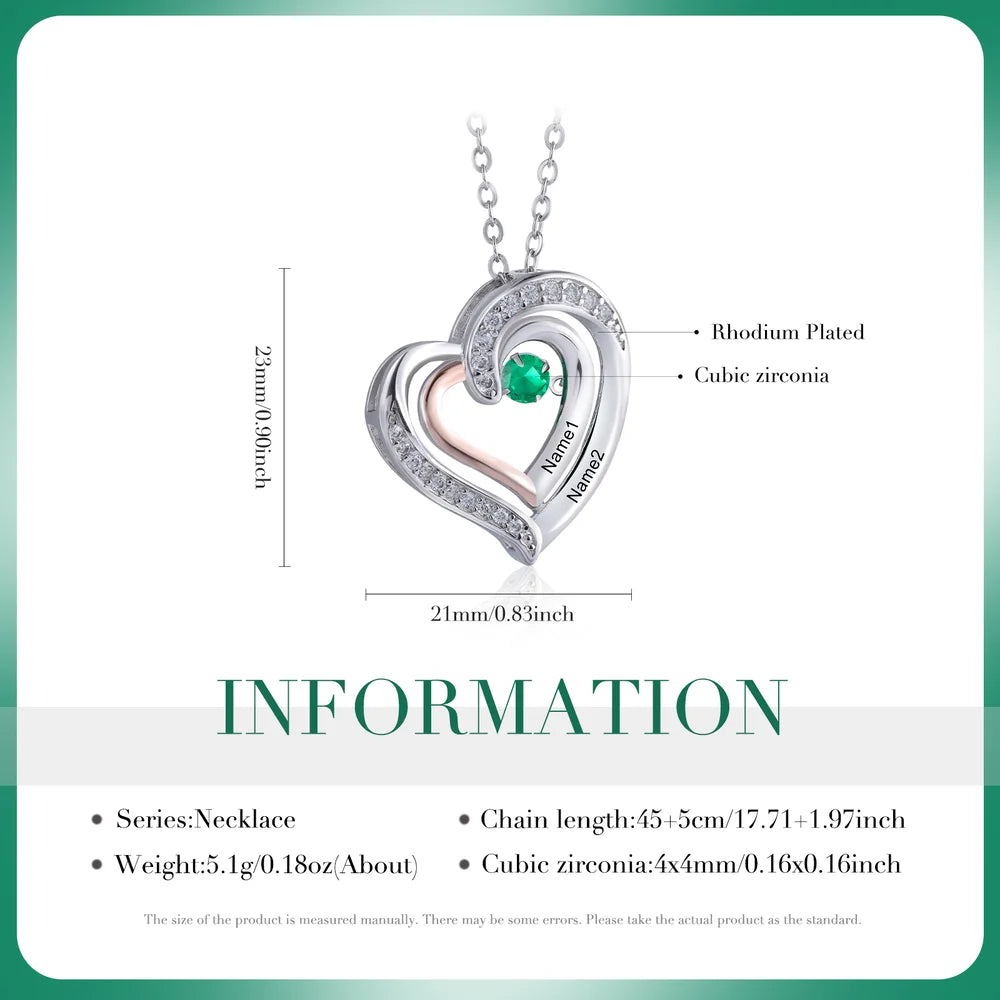 Personalised Heart Necklace for Mum, Birthstone Personalised Necklace for Mum, Engraved Names Personalised Jewellery for Mums