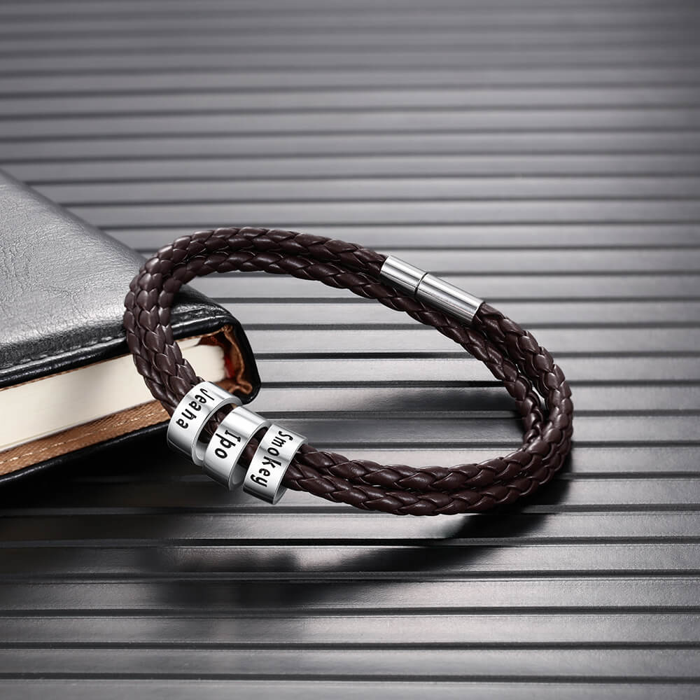 Personalised Men's Brown Leather Bracelet - Men's Engraved 3 Names Bracelet - Sterling Silver Beads