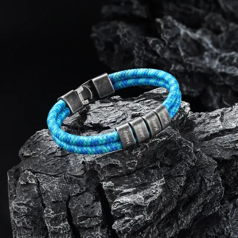 Personalised Men's Blue Nylon Bracelet with Stainless Steel Beads - Father's Day Gift