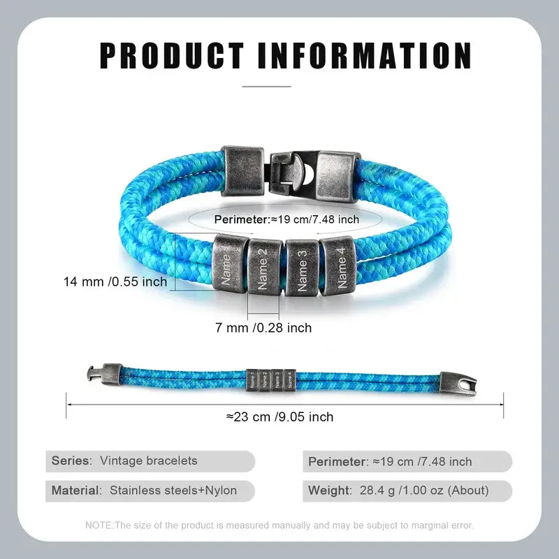 Personalised Men's Blue Nylon Bracelet with Stainless Steel Beads - Father's Day Gift