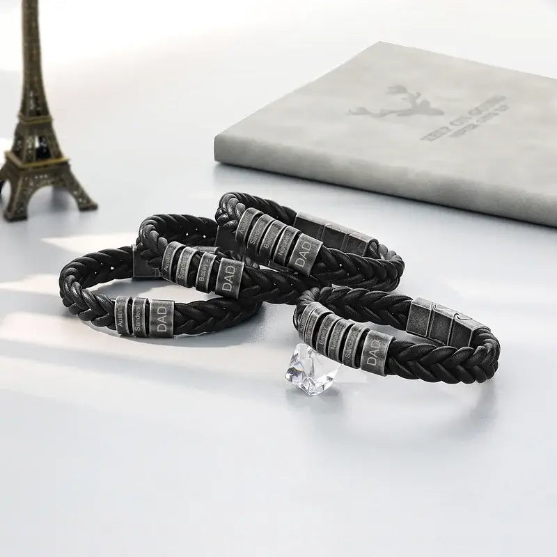 Personalised Men's Bracelet - Black Leather Engraved Beads Bracelet