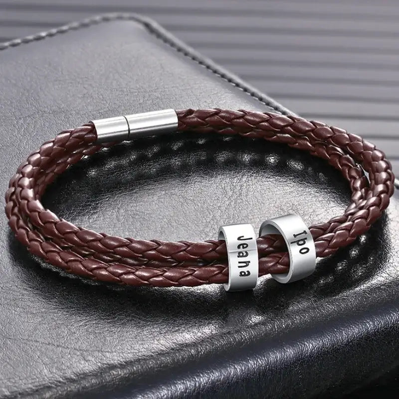 Personalised Men's Brown Leather Bracelet - Men's Engraved 2 Names Bracelet - Sterling Silver Beads