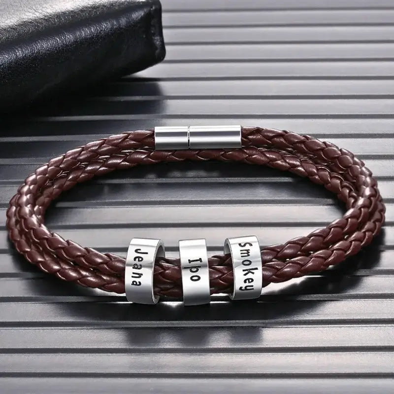 Personalised Men's Brown Leather Bracelet - Men's Engraved 3 Names Bracelet - Sterling Silver Beads