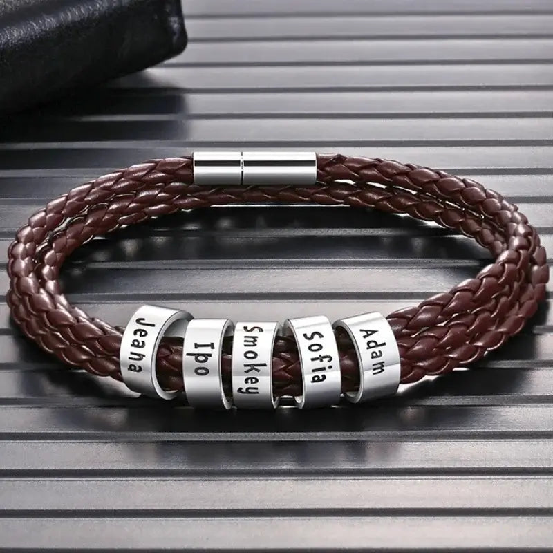 Personalised Men's Brown Leather Bracelet - Men's Engraved 5 Names Bracelet - Sterling Silver Beads