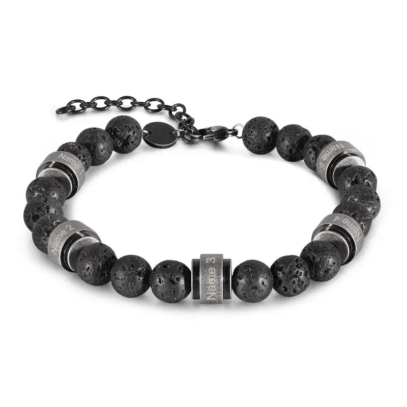 Personalised Men's Lava Stone Beaded Engraved Name Bracelet