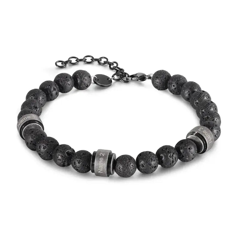 Personalised Men's Lava Stone Beaded Engraved Name Bracelet