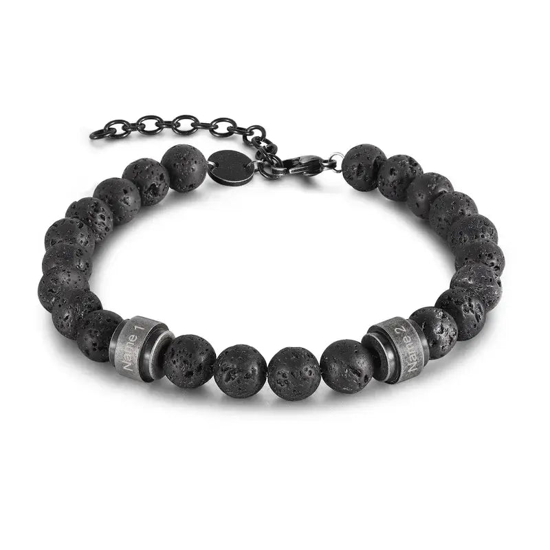 Personalised Men's Lava Stone Beaded Engraved Name Bracelet