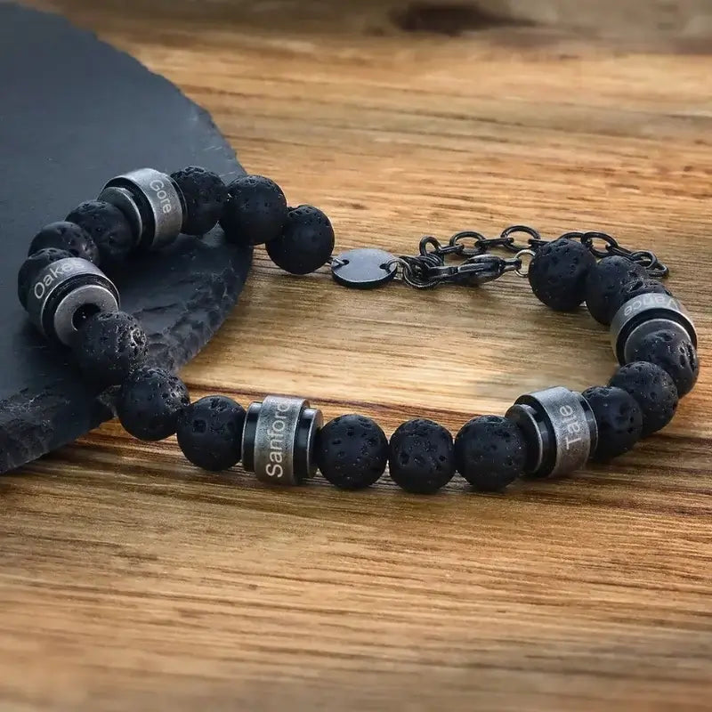 Personalised Men's Lava Stone Beaded Engraved Name Bracelet