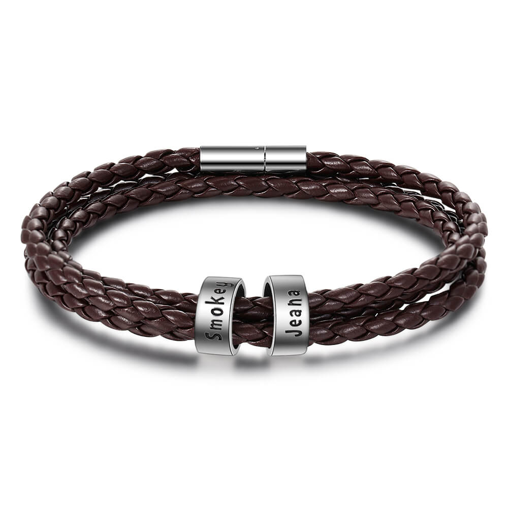 Personalised Men's Brown Leather Bracelet - Men's Engraved 2 Names Bracelet - Sterling Silver Beads