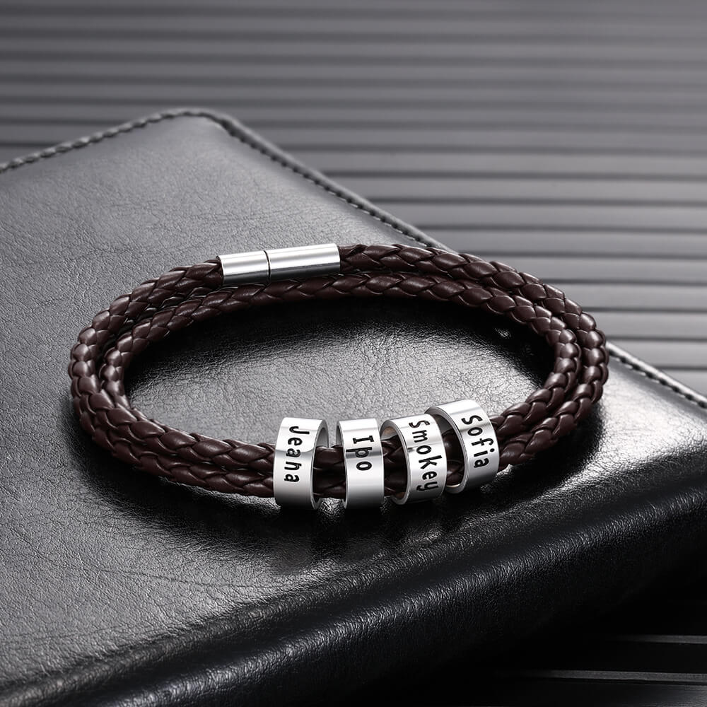 Personalised Men's Brown Leather Bracelet - Men's Engraved 4 Names Bracelet - Sterling Silver Beads