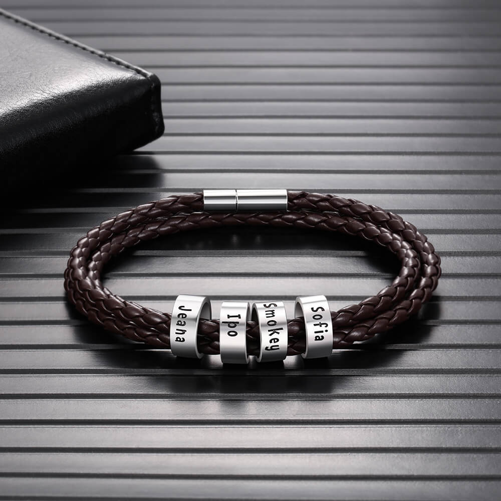 Personalised Men's Brown Leather Bracelet - Men's Engraved 4 Names Bracelet - Sterling Silver Beads