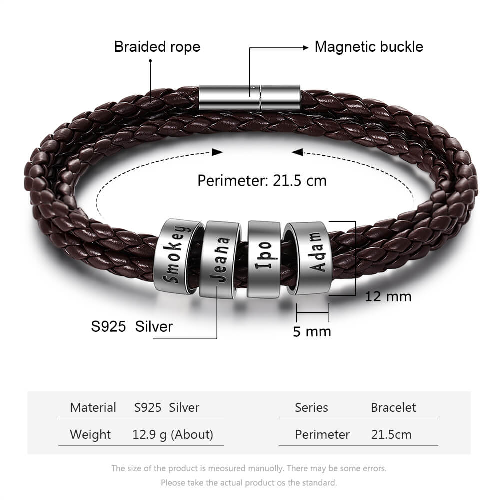 Personalised Men's Brown Leather Bracelet - Men's Engraved 4 Names Bracelet - Sterling Silver Beads