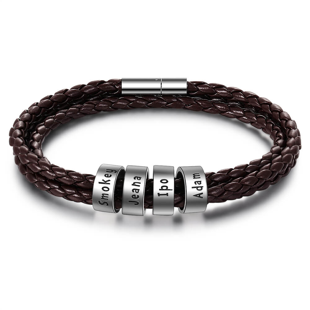 Personalised Men's Brown Leather Bracelet - Men's Engraved 4 Names Bracelet - Sterling Silver Beads