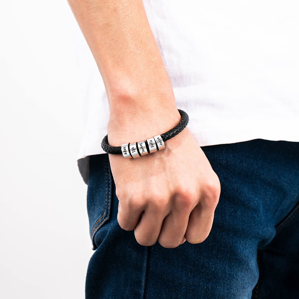 Personalised Men's Brown Leather Bracelet - Men's Engraved 5 Names Bracelet - Sterling Silver Beads