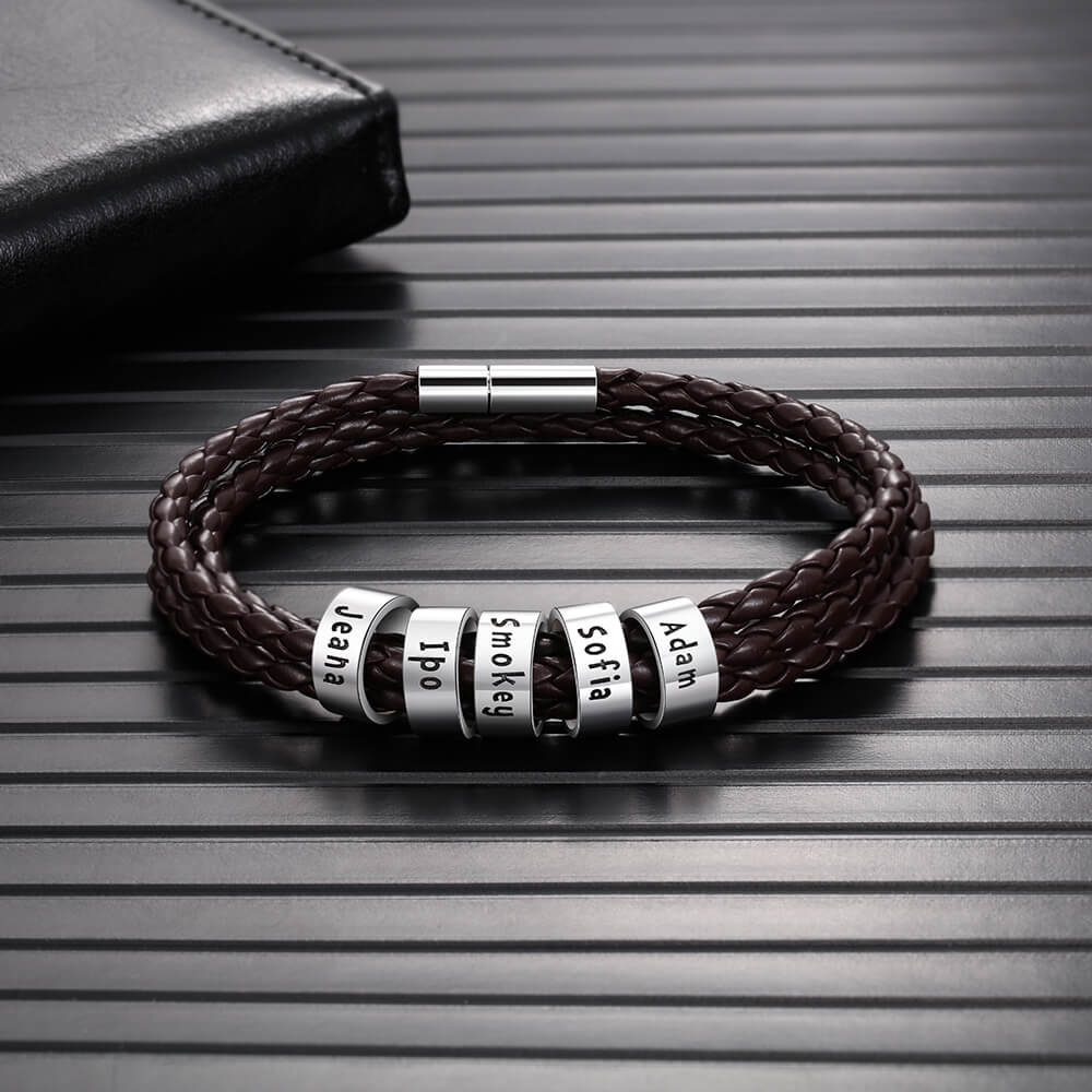 Personalised Men's Brown Leather Bracelet - Men's Engraved 5 Names Bracelet - Sterling Silver Beads