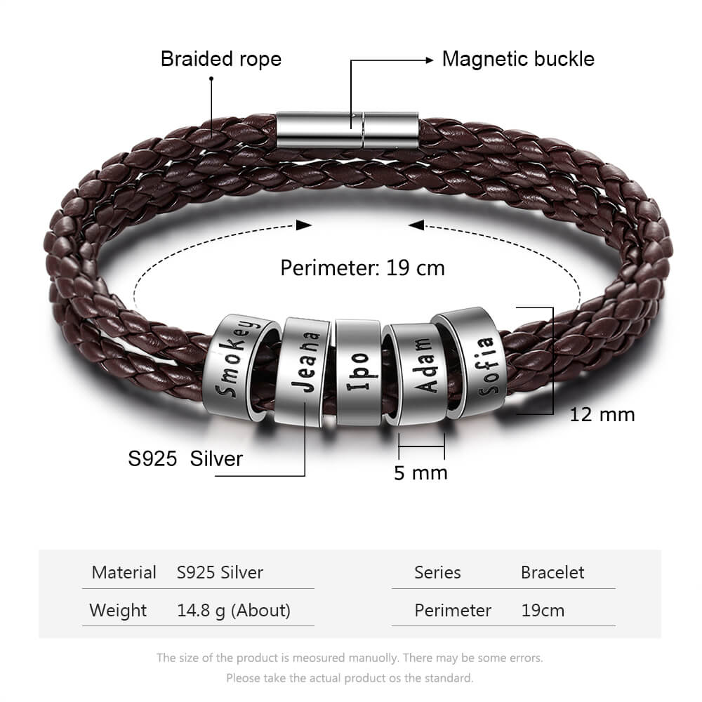 Personalised Men's Brown Leather Bracelet - Men's Engraved 5 Names Bracelet - Sterling Silver Beads