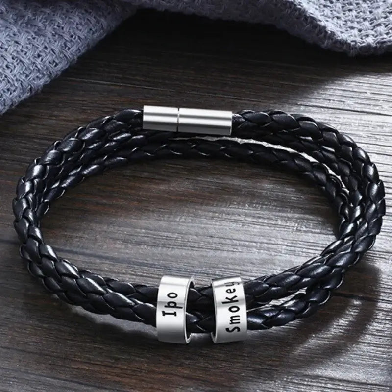 Personalised Men's Leather Bracelet - Men's Engraved 2 Names Bracelet - Sterling Silver Beads