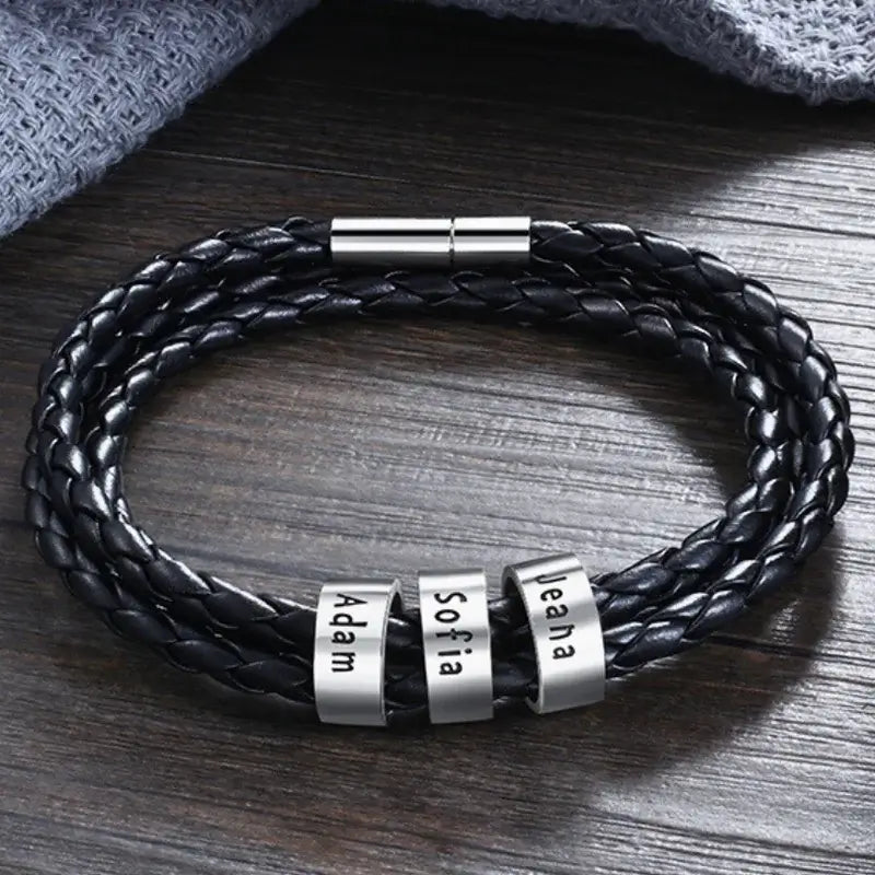 Personalised Men's Leather Bracelet - Men's Engraved 3 Names Bracelet - Sterling Silver Beads