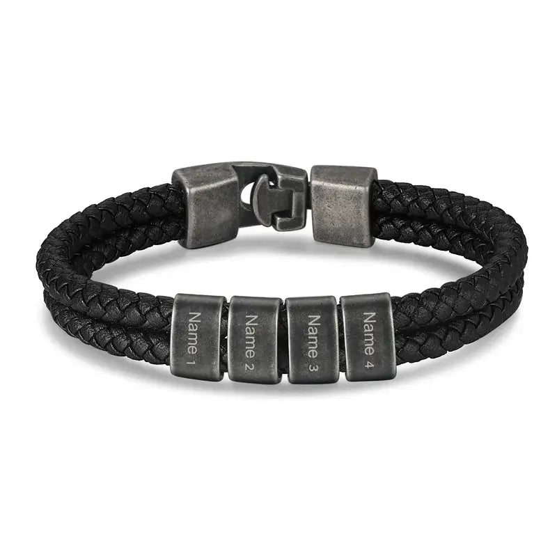 Men's Personalised Leather Black Bracelet with 2-5 Black Engraved Beads