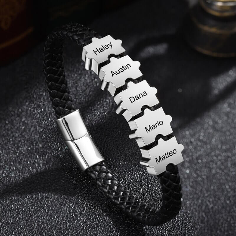 Personalised Men's Leather Bracelet with 2-5 Engraved Puzzle Beads