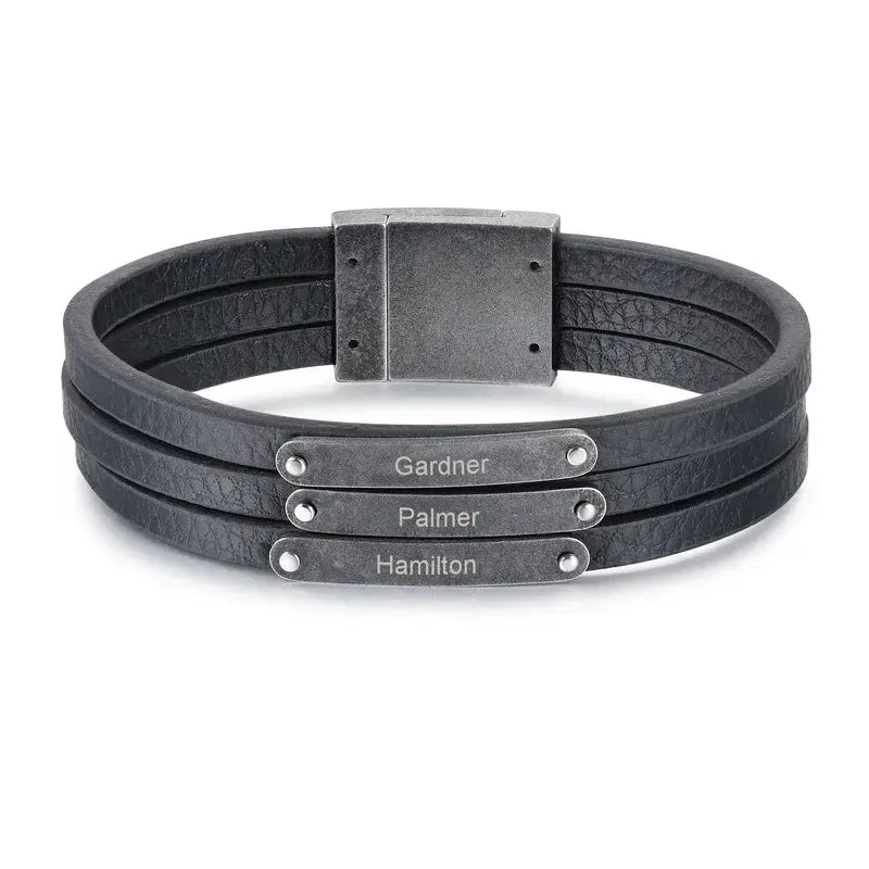 Personalised Mens Multi-Strand Black Leather Bracelet