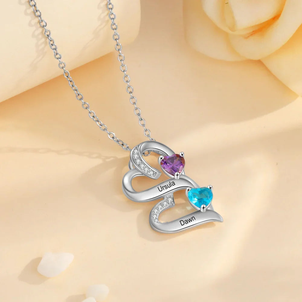 Personalised Necklace 2-5 Heart Charms, Engraved Names Necklace, Customised Birthstone Necklace