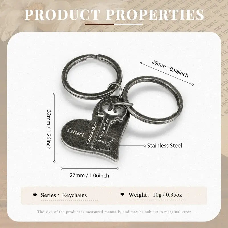 Matching Couples Keyrings, Personalised Engraved Keyrings with Initial, Customised Keyrings with Date