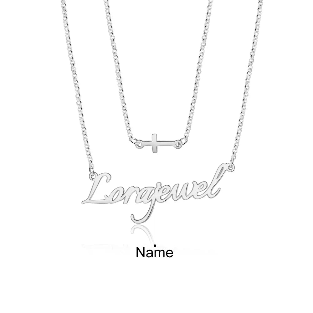 Personalised Two Layer Cross Charm Name Necklace, Personalised Name Jewellery for Women, Custom Name Necklace