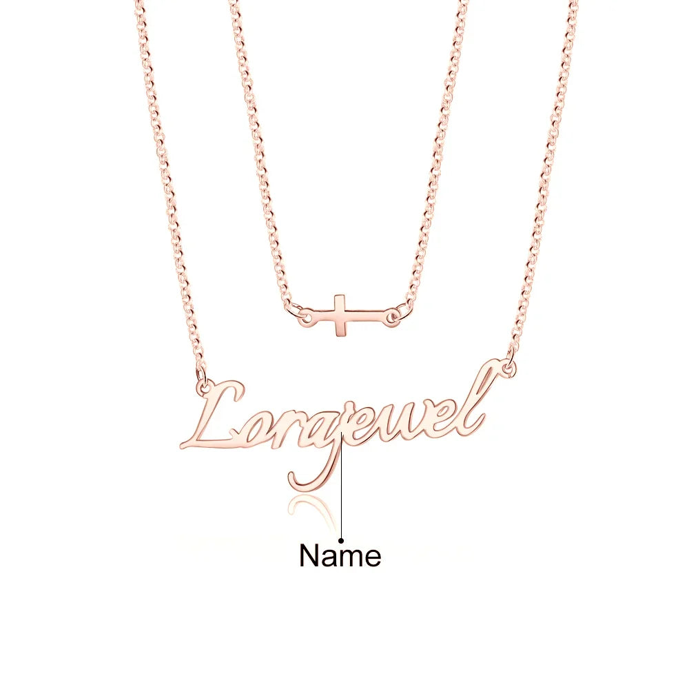 Personalised Two Layer Cross Charm Name Necklace, Personalised Name Jewellery for Women, Custom Name Necklace