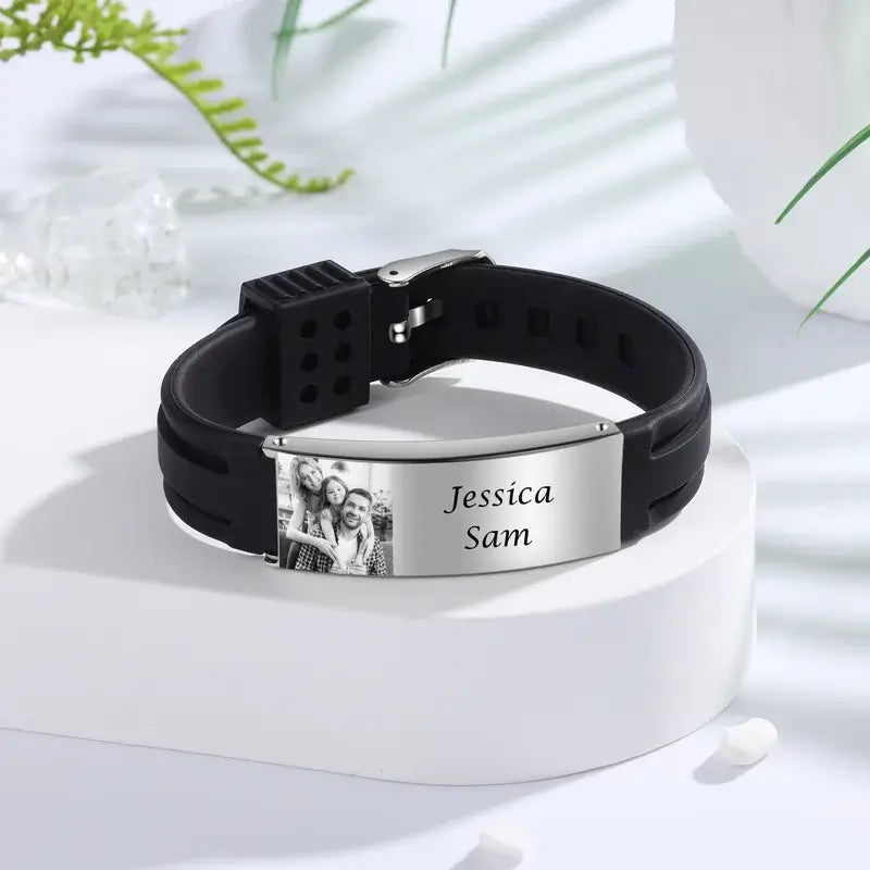 Photo Bracelet for Him - Men's Engraved Name Bracelet Stainless Steel