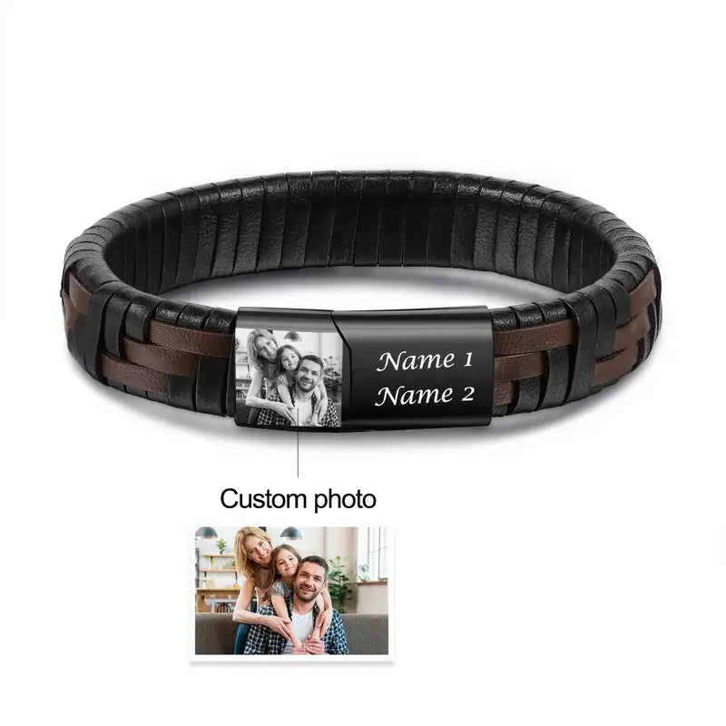 Photo Bracelet for Men - Men's Leather Engraved Name Bracelet