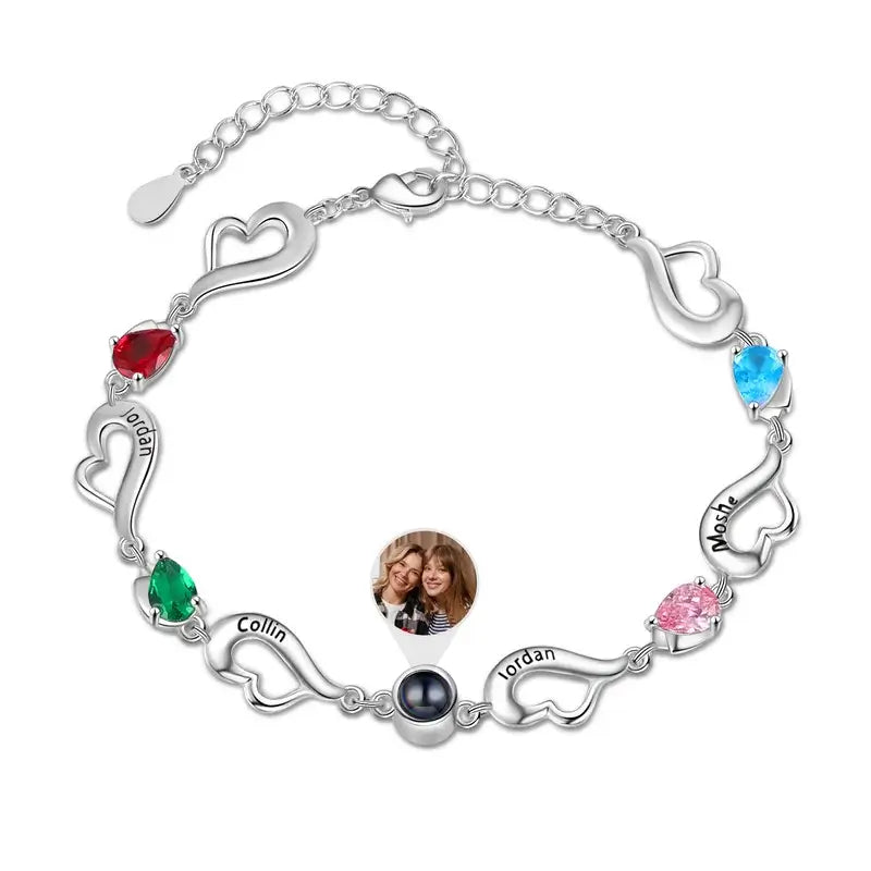 Photo Projection Bracelet with Picture Inside | Engraved 4 Names Personalised Birthstone Bracelet