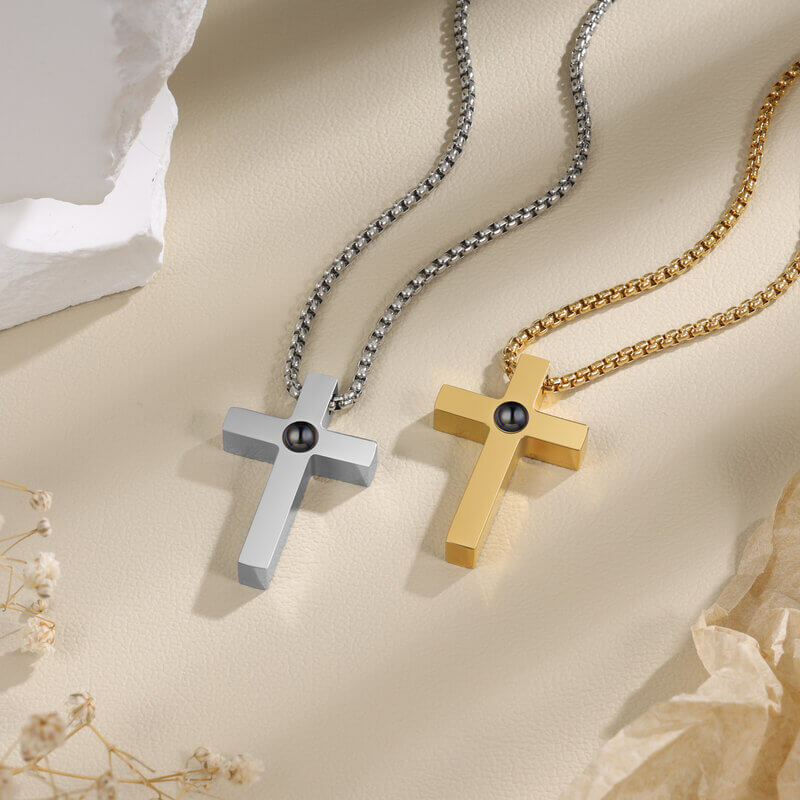 Photo Projection Necklace with Picture Inside | Cross Pendant – Silver & Gold 