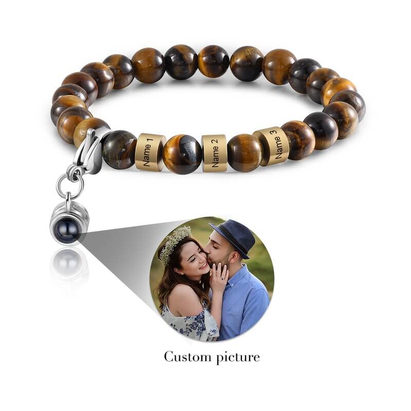 Photo Projection Tiger Eye Bracelet with Engraved Name Beads