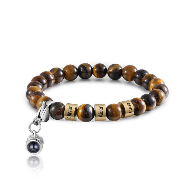 Photo Projection Tiger Eye Bracelet with Engraved Name Beads