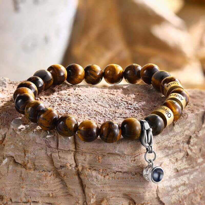 Photo Projection Tiger Eye Bracelet with Engraved Name Beads