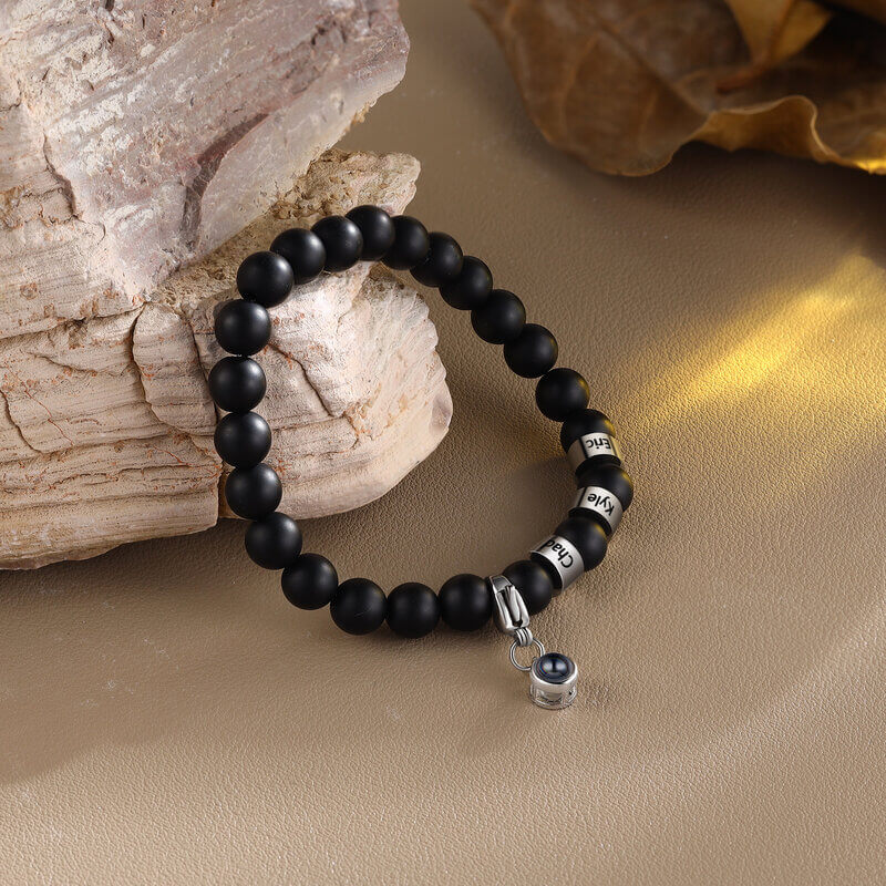 Photo Projection Volcanic Stone Bracelet with Engraved Name Beads